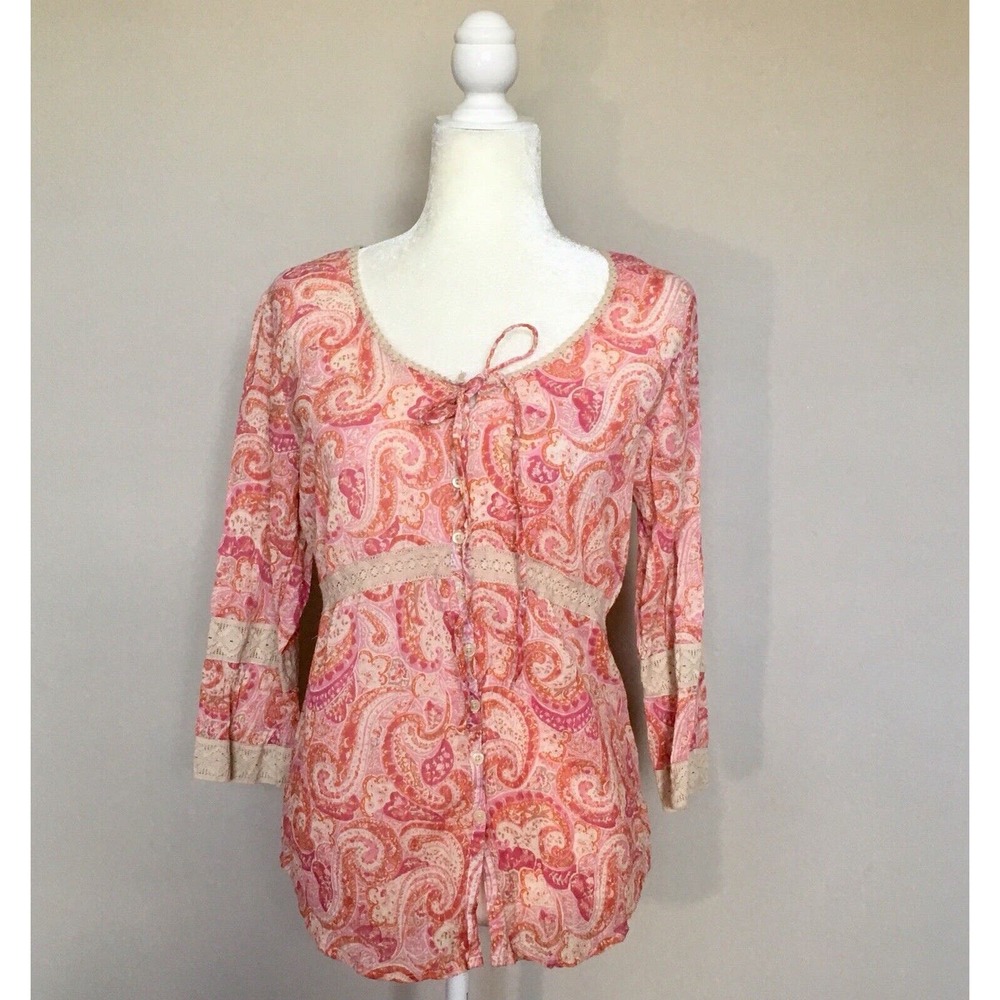 Faded Glory Sz Small 4/6 Red Pink Paisley Peasant Crochet Sleeve Top Blouse